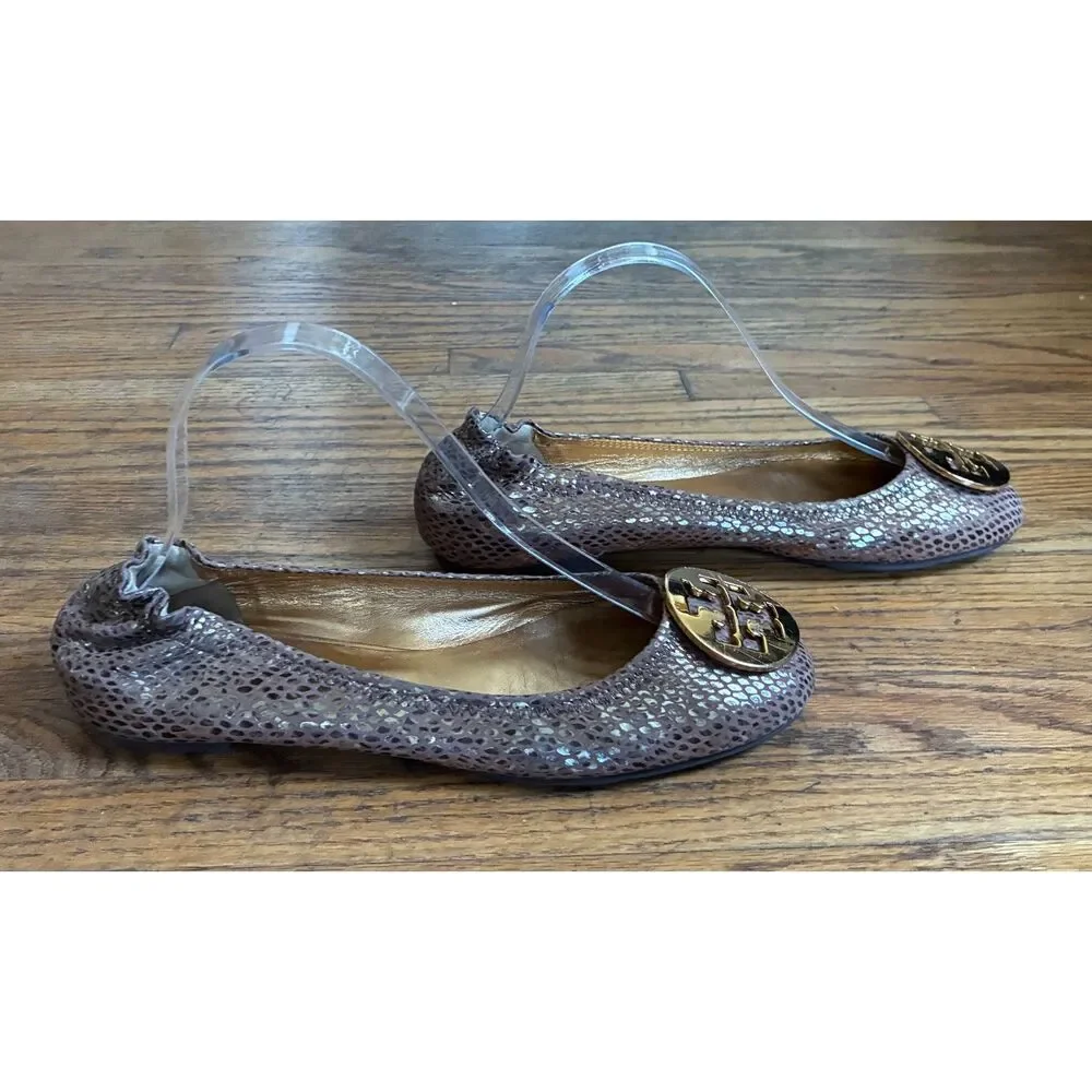 Tory Burch Reva Snake Tan Gray Gold Logo Leather Ballet Flats Shoes   Women's 7